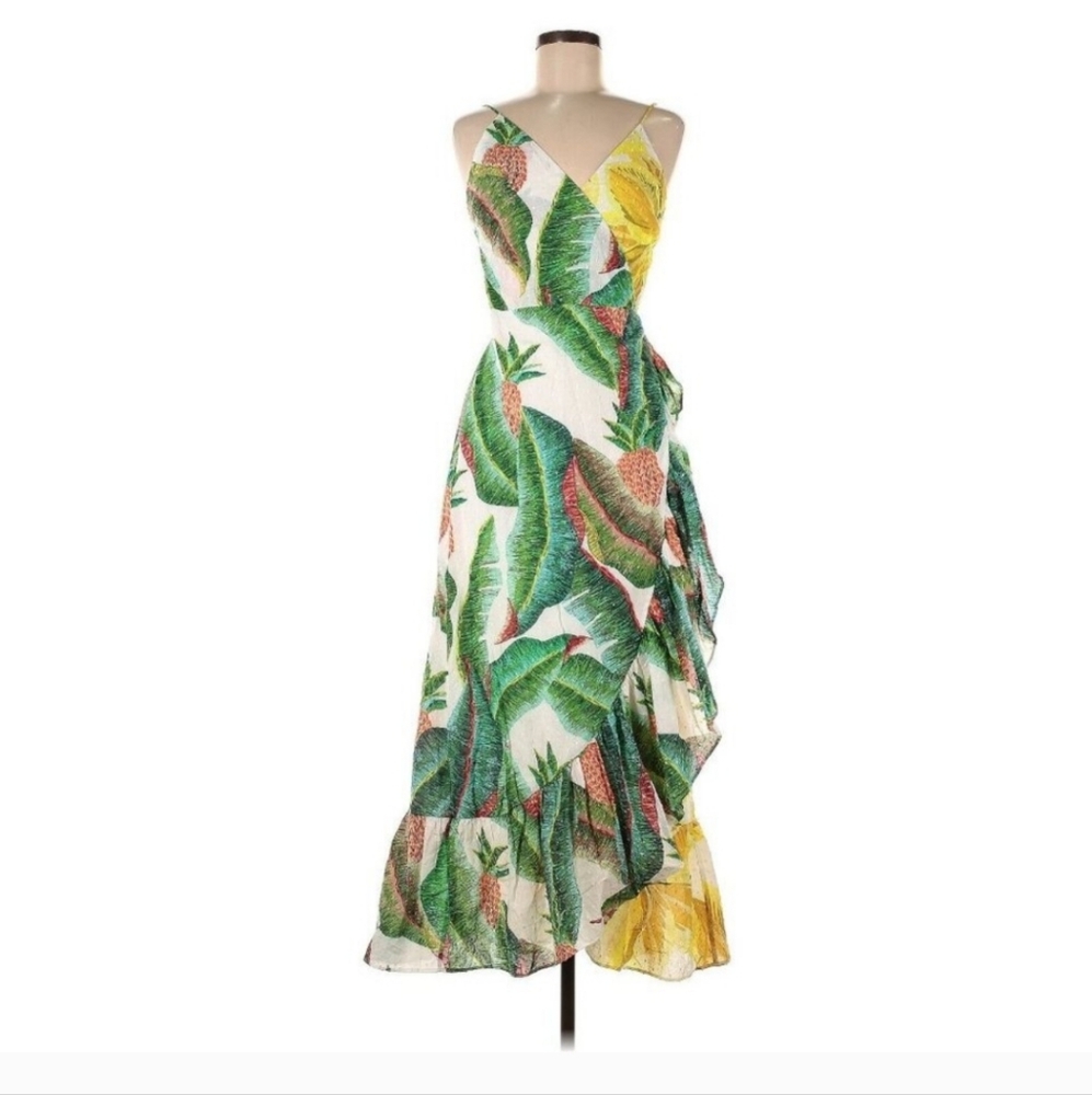 Farm Rio Azalea Forest Wrap Midi in White Palm Pineapple Tank Dress M